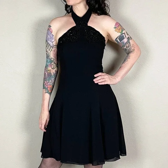 Vintage 1990s Black Halter Mini Skater Dress - Picture 1 of 8